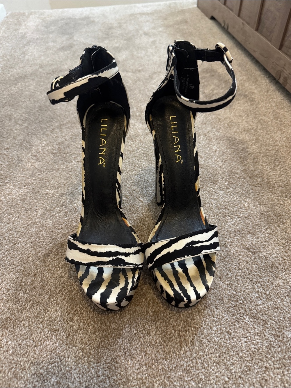 Liliana Black & White Zebra-Print Ankle-Strap Heels